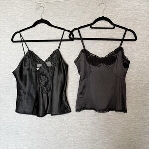 Vintage Nylon Satin Lace Camisole Cami Black Size Medium Lot Bundle 2 Tank Top